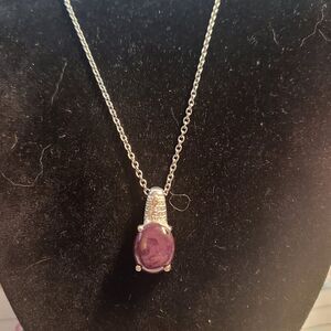 Indian Ruby Cabochon Sterling Silver Pendant Necklace